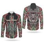 Aotearoa Ngai Tuhoe Couples Matching Long Sleeve Bodycon Dress and Long Sleeve Button Shirt Maori Tribal Red And Green Paua Shell Pattern