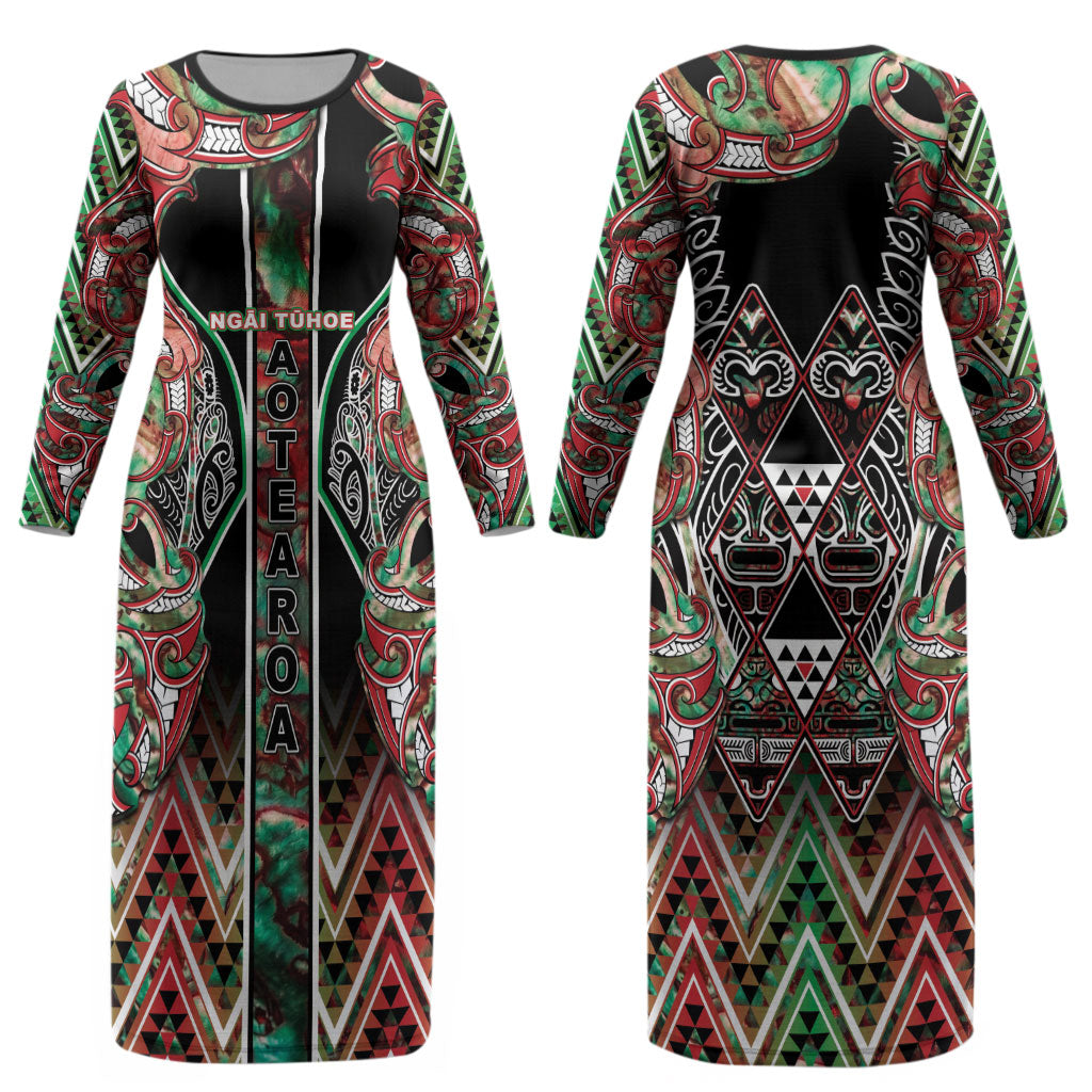 Aotearoa Ngai Tuhoe Couples Matching Long Sleeve Bodycon Dress and Long Sleeve Button Shirt Maori Tribal Red And Green Paua Shell Pattern