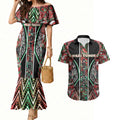 Aotearoa Ngai Tuhoe Couples Matching Mermaid Dress and Hawaiian Shirt Maori Tribal Red And Green Paua Shell Pattern