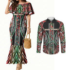 Aotearoa Ngai Tuhoe Couples Matching Mermaid Dress and Long Sleeve Button Shirt Maori Tribal Red And Green Paua Shell Pattern