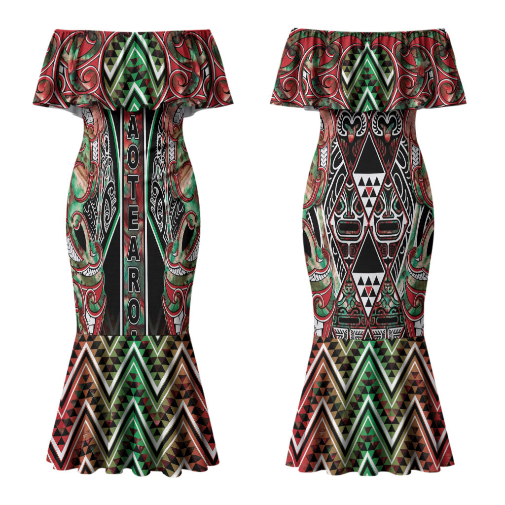 Aotearoa Ngai Tuhoe Couples Matching Mermaid Dress and Long Sleeve Button Shirt Maori Tribal Red And Green Paua Shell Pattern