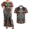 Aotearoa Ngai Tuhoe Couples Matching Off Shoulder Maxi Dress and Hawaiian Shirt Maori Tribal Red And Green Paua Shell Pattern