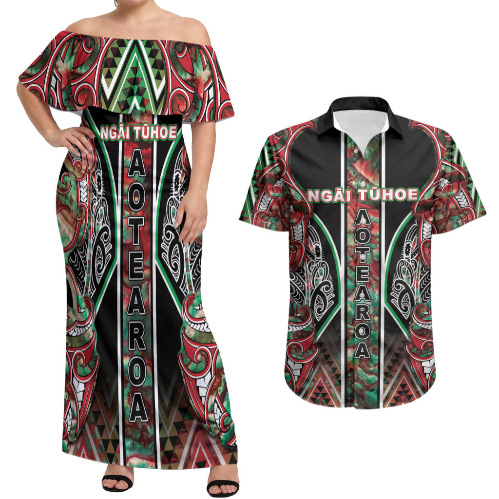 Aotearoa Ngai Tuhoe Couples Matching Off Shoulder Maxi Dress and Hawaiian Shirt Maori Tribal Red And Green Paua Shell Pattern