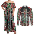 Aotearoa Ngai Tuhoe Couples Matching Off Shoulder Maxi Dress and Long Sleeve Button Shirt Maori Tribal Red And Green Paua Shell Pattern