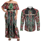 Aotearoa Ngai Tuhoe Couples Matching Off Shoulder Maxi Dress and Long Sleeve Button Shirt Maori Tribal Red And Green Paua Shell Pattern