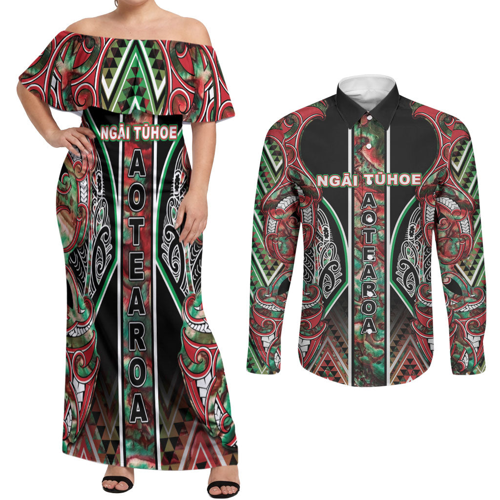 Aotearoa Ngai Tuhoe Couples Matching Off Shoulder Maxi Dress and Long Sleeve Button Shirt Maori Tribal Red And Green Paua Shell Pattern