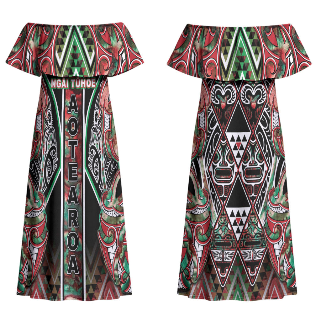 Aotearoa Ngai Tuhoe Couples Matching Off Shoulder Maxi Dress and Long Sleeve Button Shirt Maori Tribal Red And Green Paua Shell Pattern