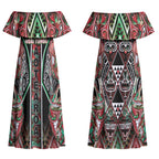 Aotearoa Ngai Tuhoe Couples Matching Off Shoulder Maxi Dress and Long Sleeve Button Shirt Maori Tribal Red And Green Paua Shell Pattern