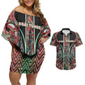 Aotearoa Ngai Tuhoe Couples Matching Off Shoulder Short Dress and Hawaiian Shirt Maori Tribal Red And Green Paua Shell Pattern