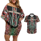 Aotearoa Ngai Tuhoe Couples Matching Off Shoulder Short Dress and Hawaiian Shirt Maori Tribal Red And Green Paua Shell Pattern