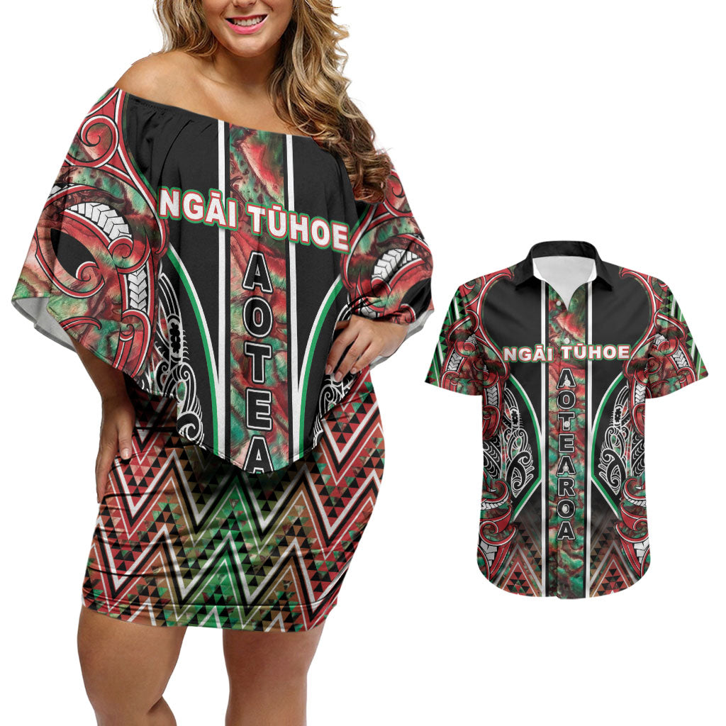 Aotearoa Ngai Tuhoe Couples Matching Off Shoulder Short Dress and Hawaiian Shirt Maori Tribal Red And Green Paua Shell Pattern