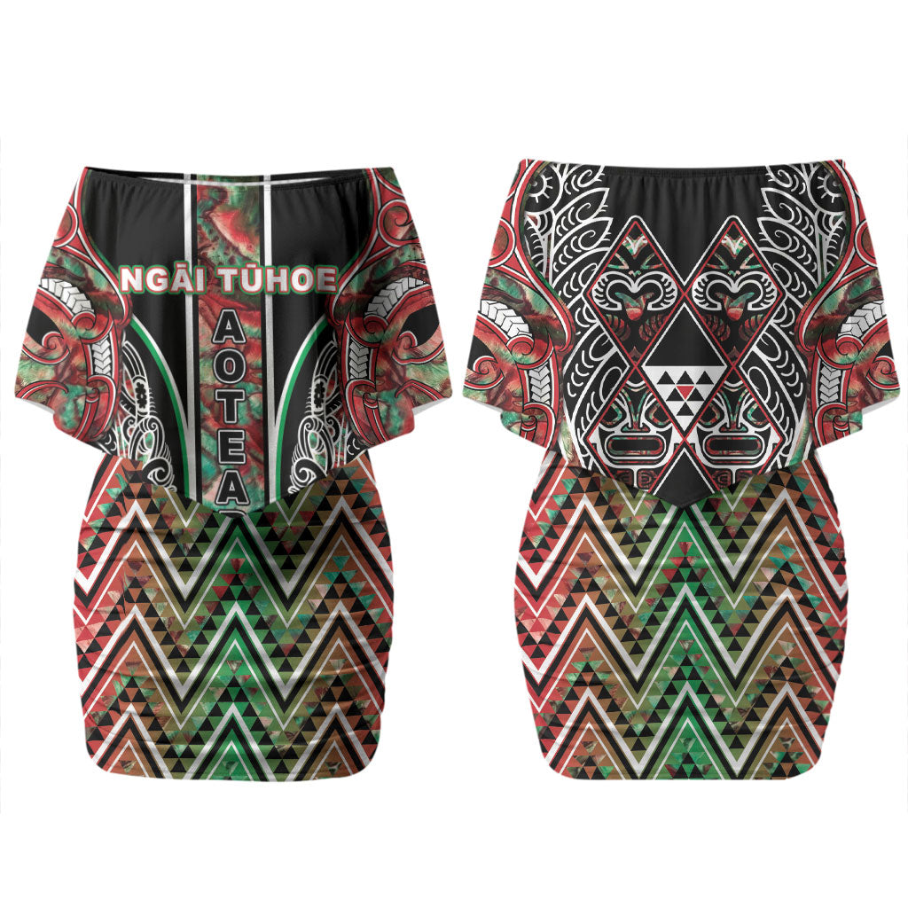 Aotearoa Ngai Tuhoe Couples Matching Off Shoulder Short Dress and Hawaiian Shirt Maori Tribal Red And Green Paua Shell Pattern