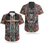 Aotearoa Ngai Tuhoe Couples Matching Off Shoulder Short Dress and Hawaiian Shirt Maori Tribal Red And Green Paua Shell Pattern