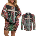 Aotearoa Ngai Tuhoe Couples Matching Off Shoulder Short Dress and Long Sleeve Button Shirt Maori Tribal Red And Green Paua Shell Pattern