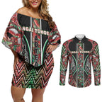 Aotearoa Ngai Tuhoe Couples Matching Off Shoulder Short Dress and Long Sleeve Button Shirt Maori Tribal Red And Green Paua Shell Pattern