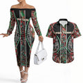 Aotearoa Ngai Tuhoe Couples Matching Off The Shoulder Long Sleeve Dress and Hawaiian Shirt Maori Tribal Red And Green Paua Shell Pattern