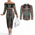 Aotearoa Ngai Tuhoe Couples Matching Off The Shoulder Long Sleeve Dress and Long Sleeve Button Shirt Maori Tribal Red And Green Paua Shell Pattern
