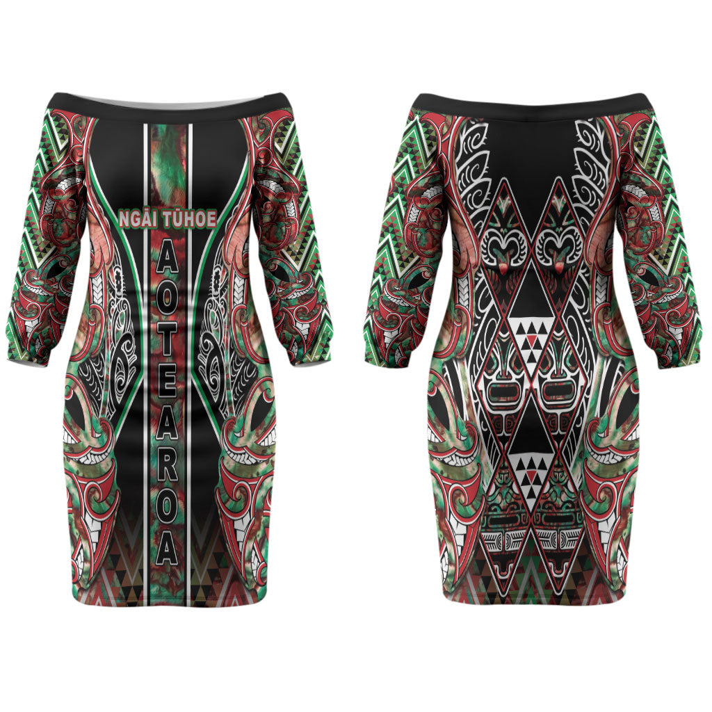Aotearoa Ngai Tuhoe Couples Matching Off The Shoulder Long Sleeve Dress and Long Sleeve Button Shirt Maori Tribal Red And Green Paua Shell Pattern
