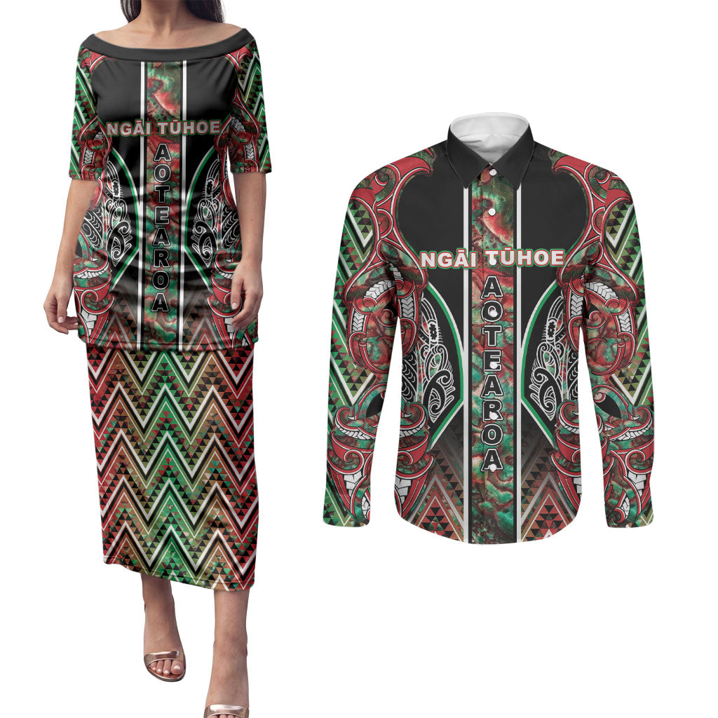 Aotearoa Ngai Tuhoe Couples Matching Puletasi and Long Sleeve Button Shirt Maori Tribal Red And Green Paua Shell Pattern