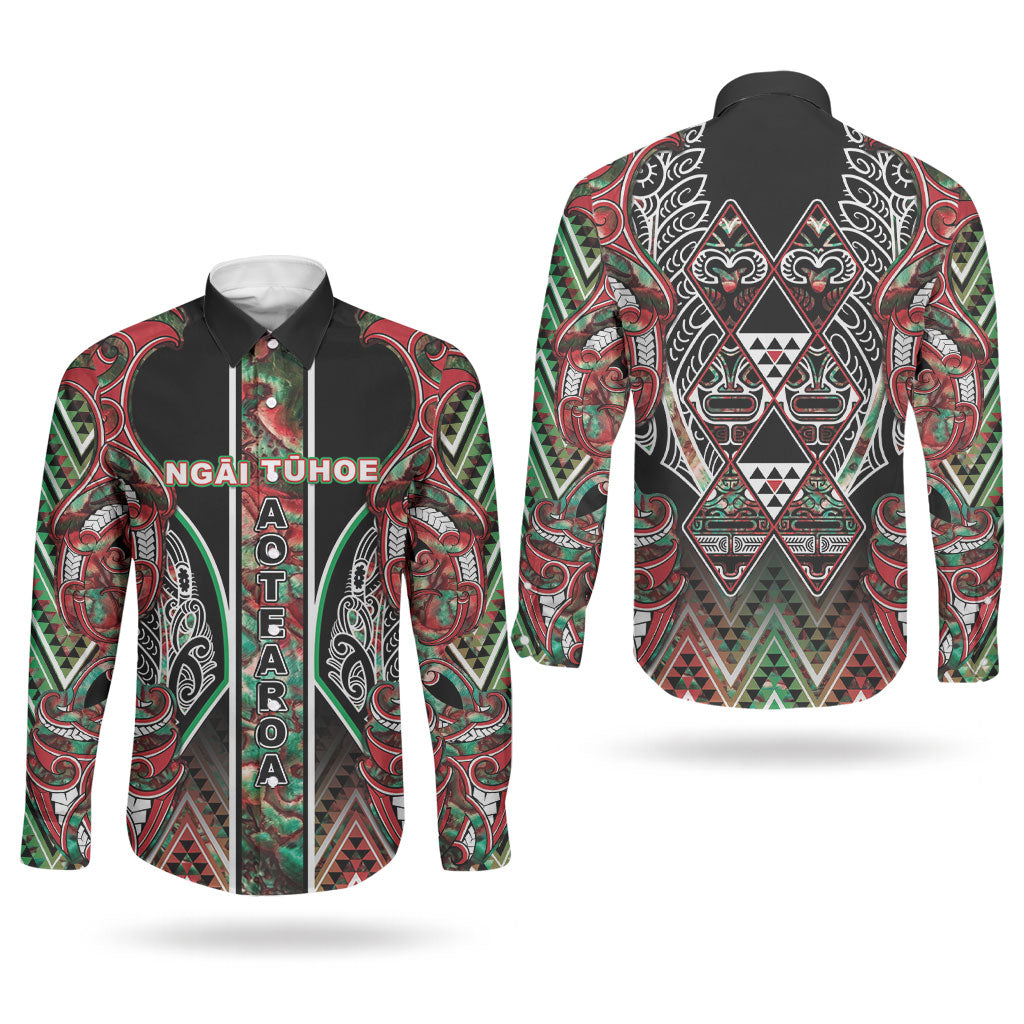 Aotearoa Ngai Tuhoe Couples Matching Puletasi and Long Sleeve Button Shirt Maori Tribal Red And Green Paua Shell Pattern