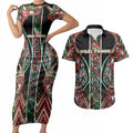 Aotearoa Ngai Tuhoe Couples Matching Short Sleeve Bodycon Dress and Hawaiian Shirt Maori Tribal Red And Green Paua Shell Pattern