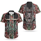 Aotearoa Ngai Tuhoe Couples Matching Short Sleeve Bodycon Dress and Hawaiian Shirt Maori Tribal Red And Green Paua Shell Pattern