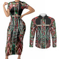 Aotearoa Ngai Tuhoe Couples Matching Short Sleeve Bodycon Dress and Long Sleeve Button Shirt Maori Tribal Red And Green Paua Shell Pattern