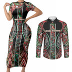 Aotearoa Ngai Tuhoe Couples Matching Short Sleeve Bodycon Dress and Long Sleeve Button Shirt Maori Tribal Red And Green Paua Shell Pattern