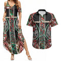 Aotearoa Ngai Tuhoe Couples Matching Summer Maxi Dress and Hawaiian Shirt Maori Tribal Red And Green Paua Shell Pattern