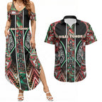 Aotearoa Ngai Tuhoe Couples Matching Summer Maxi Dress and Hawaiian Shirt Maori Tribal Red And Green Paua Shell Pattern