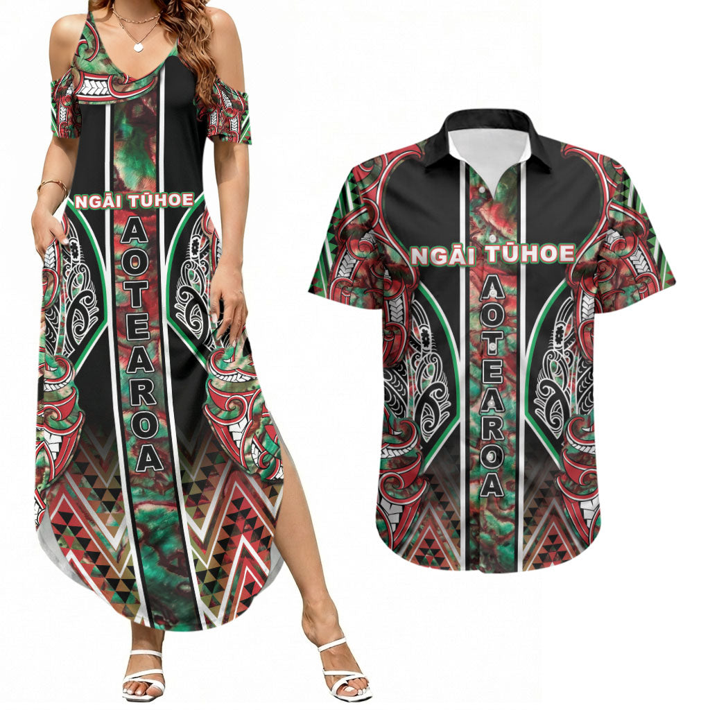 Aotearoa Ngai Tuhoe Couples Matching Summer Maxi Dress and Hawaiian Shirt Maori Tribal Red And Green Paua Shell Pattern