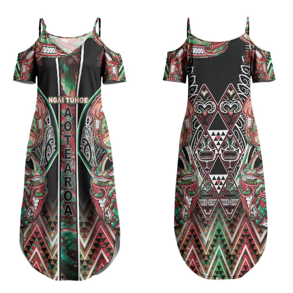 Aotearoa Ngai Tuhoe Couples Matching Summer Maxi Dress and Hawaiian Shirt Maori Tribal Red And Green Paua Shell Pattern