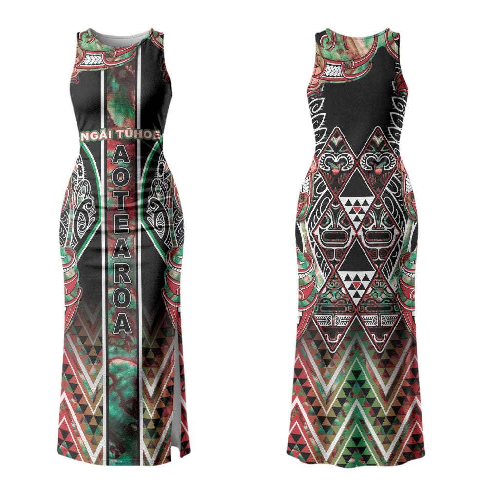 Aotearoa Ngai Tuhoe Couples Matching Tank Maxi Dress and Hawaiian Shirt Maori Tribal Red And Green Paua Shell Pattern