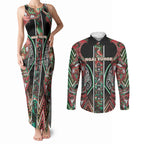 Aotearoa Ngai Tuhoe Couples Matching Tank Maxi Dress and Long Sleeve Button Shirt Maori Tribal Red And Green Paua Shell Pattern