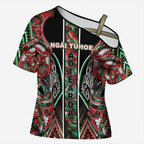 Aotearoa Ngai Tuhoe Cross Shoulder Shirt Maori Tribal Red And Green Paua Shell Pattern
