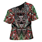 Aotearoa Ngai Tuhoe Cross Shoulder Shirt Maori Tribal Red And Green Paua Shell Pattern