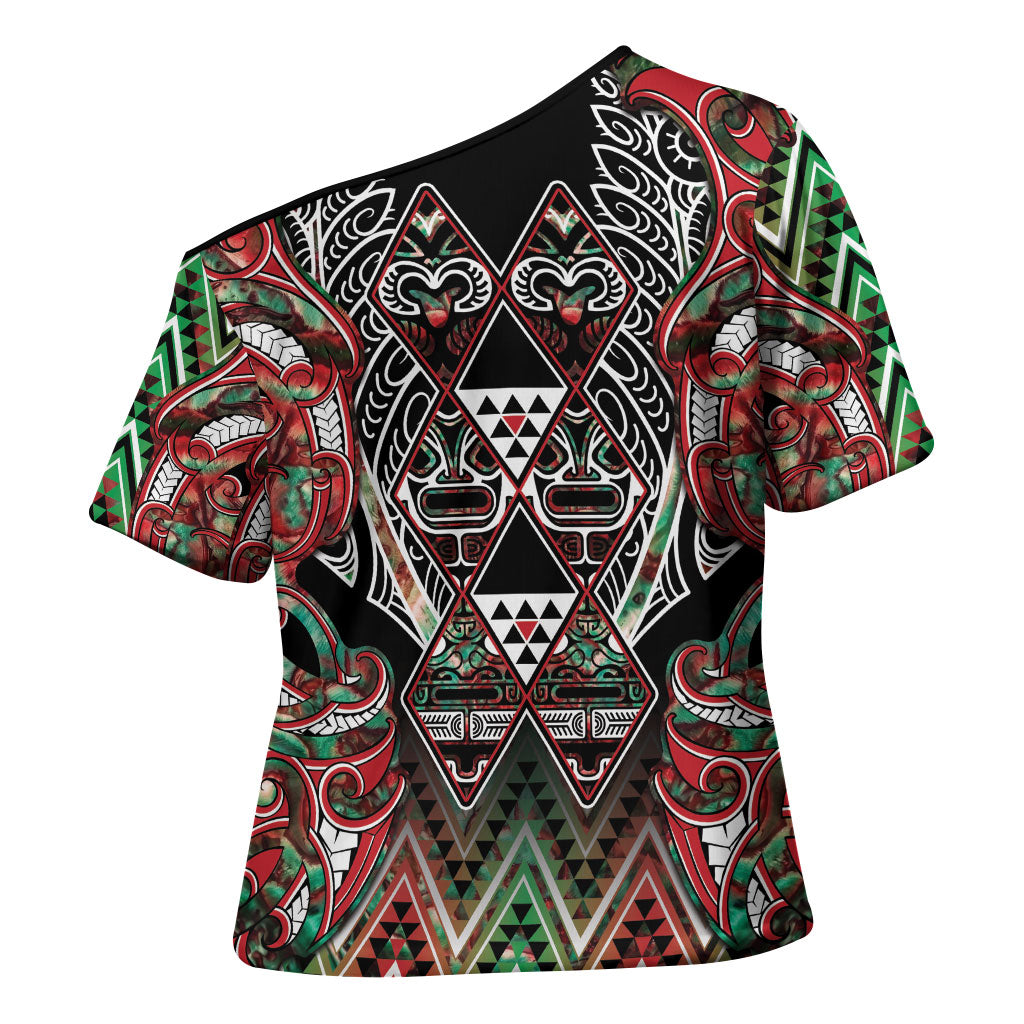 Aotearoa Ngai Tuhoe Cross Shoulder Shirt Maori Tribal Red And Green Paua Shell Pattern
