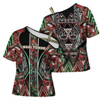 Aotearoa Ngai Tuhoe Cross Shoulder Shirt Maori Tribal Red And Green Paua Shell Pattern