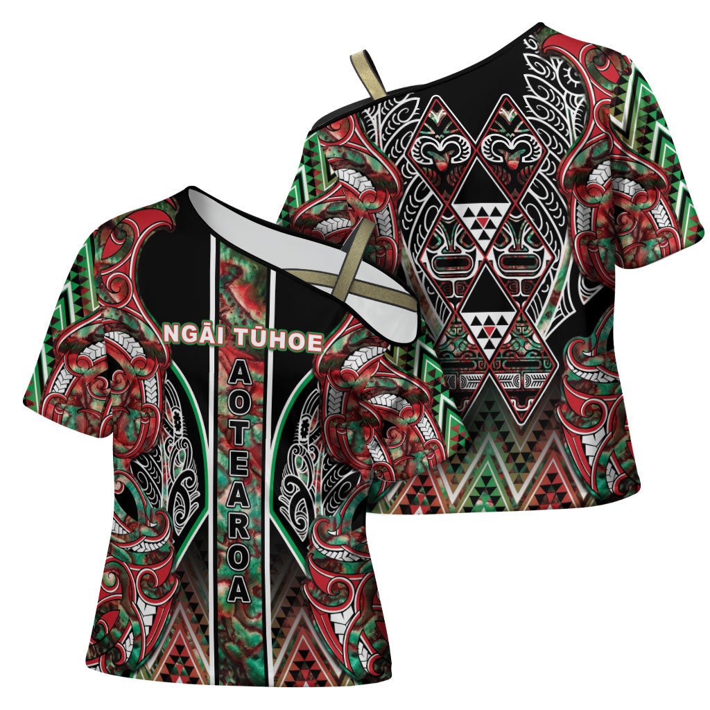 Aotearoa Ngai Tuhoe Cross Shoulder Shirt Maori Tribal Red And Green Paua Shell Pattern