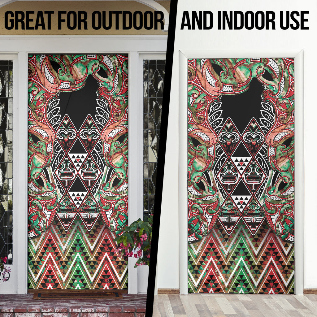 Aotearoa Ngai Tuhoe Door Cover Maori Tribal Red And Green Paua Shell Pattern