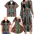Aotearoa Ngai Tuhoe Family Matching Long Sleeve Bodycon Dress and Hawaiian Shirt Maori Tribal Red And Green Paua Shell Pattern