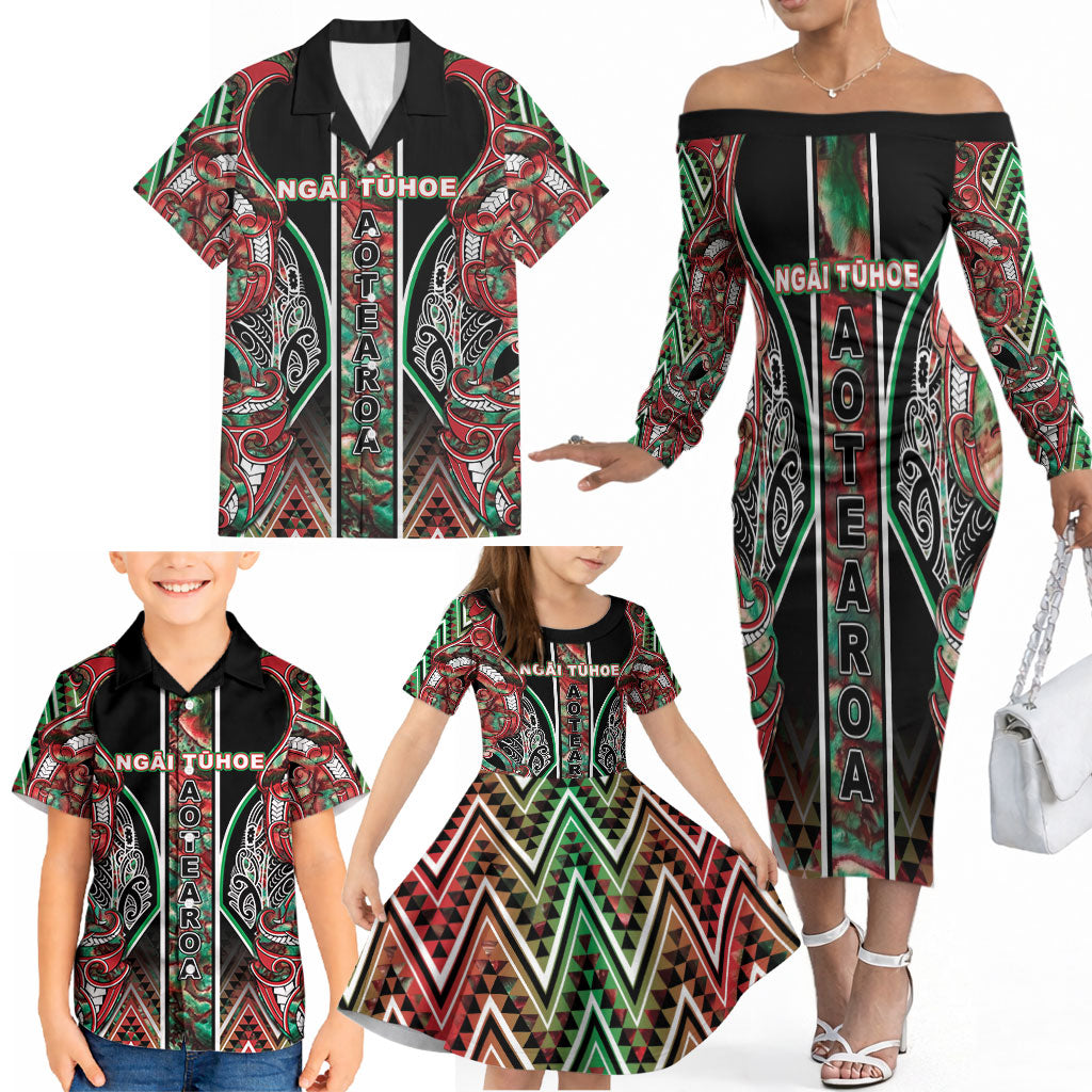 Aotearoa Ngai Tuhoe Family Matching Off The Shoulder Long Sleeve Dress and Hawaiian Shirt Maori Tribal Red And Green Paua Shell Pattern