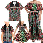 Aotearoa Ngai Tuhoe Family Matching Off Shoulder Maxi Dress and Hawaiian Shirt Maori Tribal Red And Green Paua Shell Pattern