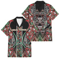Aotearoa Ngai Tuhoe Family Matching Off Shoulder Maxi Dress and Hawaiian Shirt Maori Tribal Red And Green Paua Shell Pattern