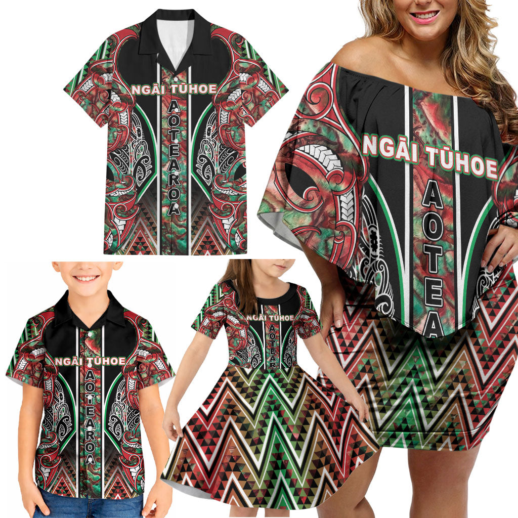 Aotearoa Ngai Tuhoe Family Matching Off Shoulder Short Dress and Hawaiian Shirt Maori Tribal Red And Green Paua Shell Pattern