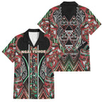 Aotearoa Ngai Tuhoe Family Matching Off Shoulder Short Dress and Hawaiian Shirt Maori Tribal Red And Green Paua Shell Pattern