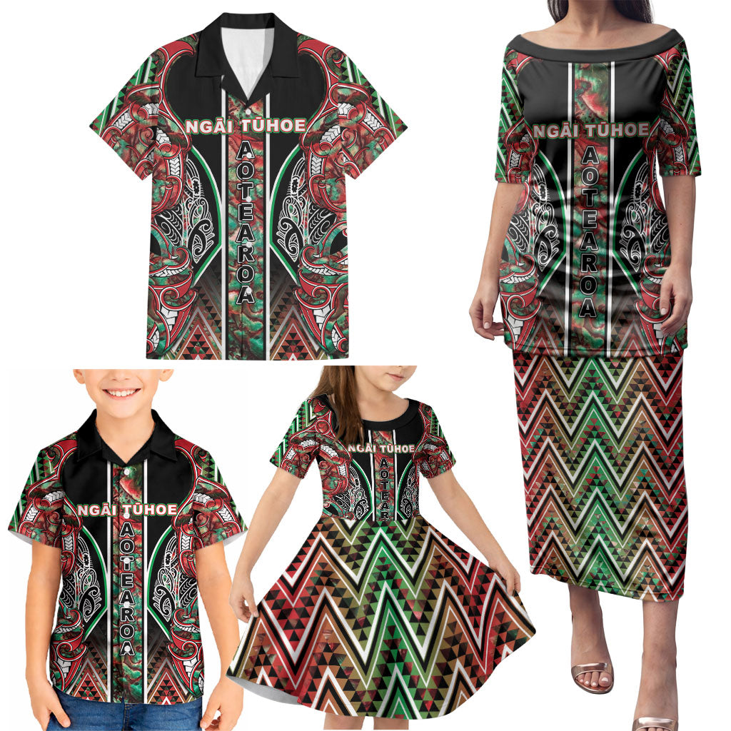 Aotearoa Ngai Tuhoe Family Matching Puletasi and Hawaiian Shirt Maori Tribal Red And Green Paua Shell Pattern