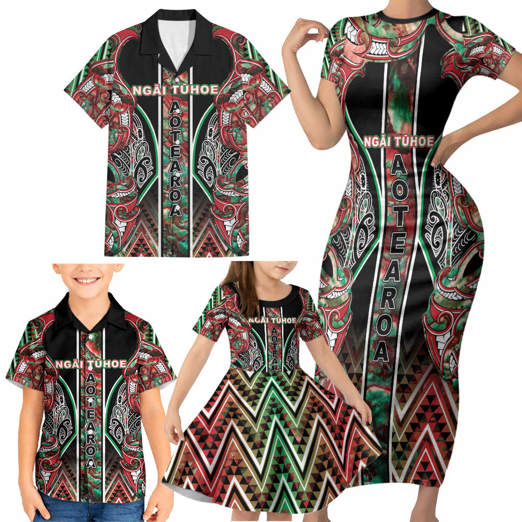 Aotearoa Ngai Tuhoe Family Matching Short Sleeve Bodycon Dress and Hawaiian Shirt Maori Tribal Red And Green Paua Shell Pattern