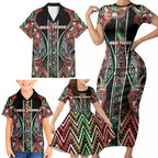 Aotearoa Ngai Tuhoe Family Matching Short Sleeve Bodycon Dress and Hawaiian Shirt Maori Tribal Red And Green Paua Shell Pattern
