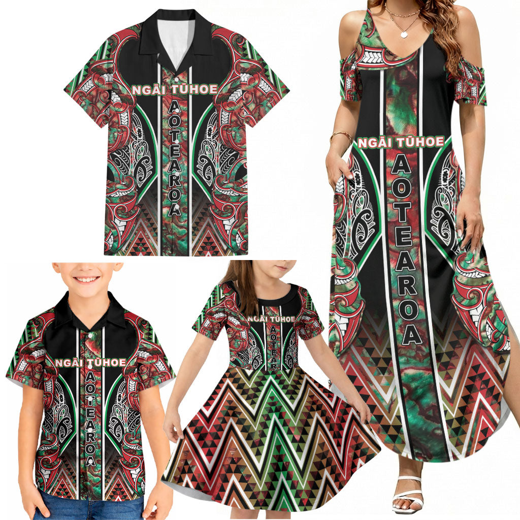 Aotearoa Ngai Tuhoe Family Matching Summer Maxi Dress and Hawaiian Shirt Maori Tribal Red And Green Paua Shell Pattern